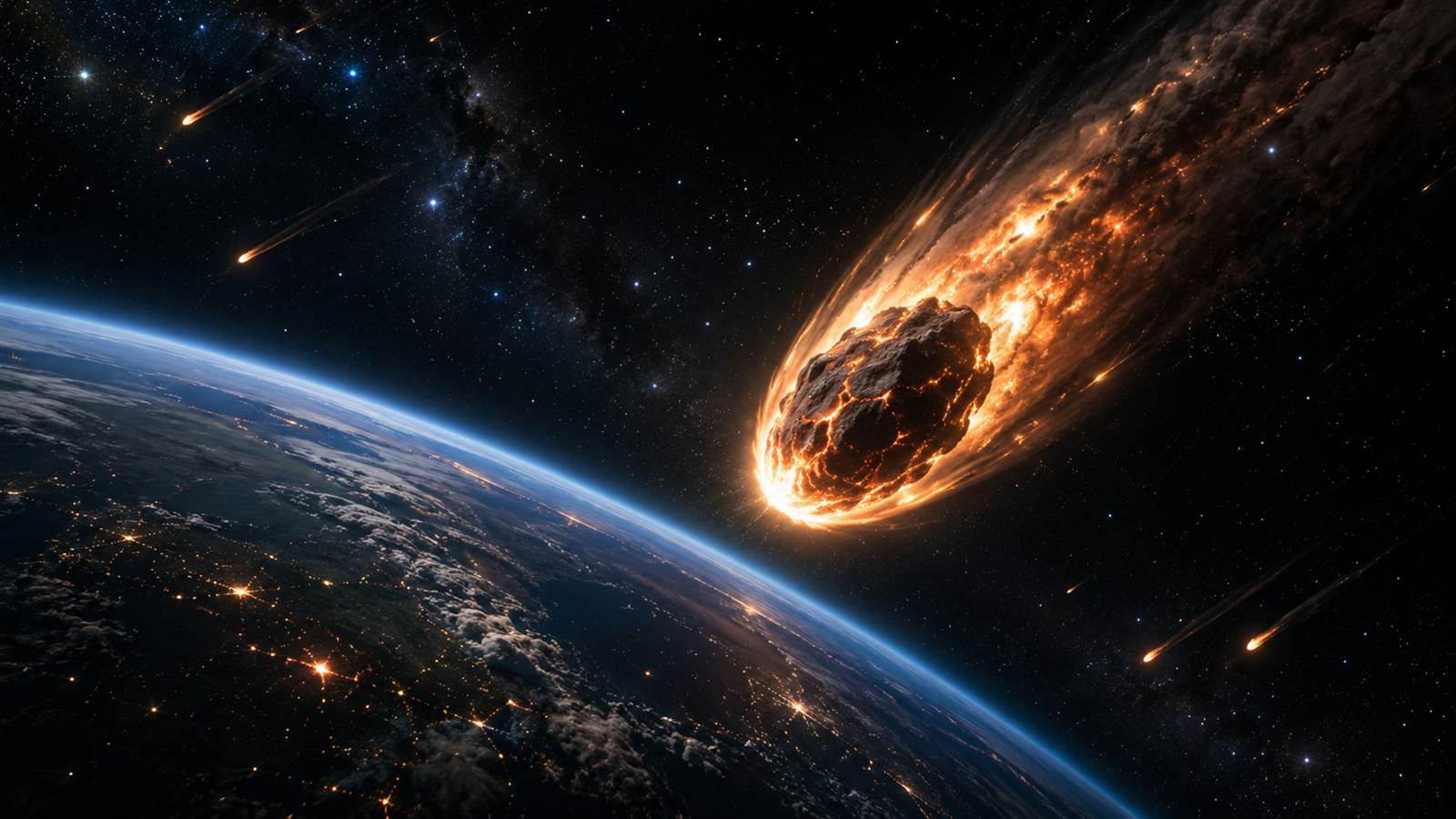 A burning meteorite streaks toward Earth above a night-side hemisphere