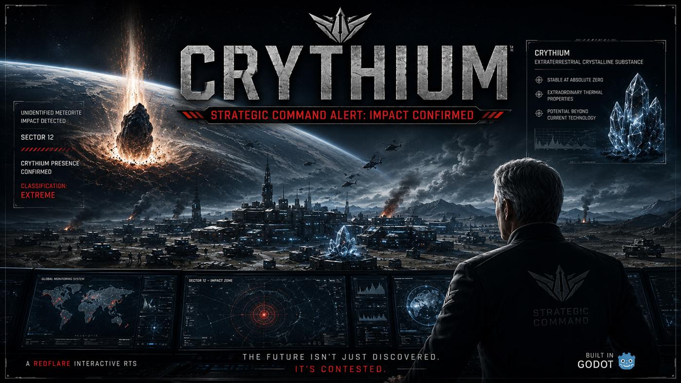 CRYTHIUM key art: a commander watches monitoring stations as a meteorite falls over a militarized city, with the tagline 'The future isn't just discovered. It's contested.'